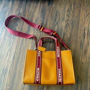 Coach Mustard Yellow Leather Tote with Burgundy Strap